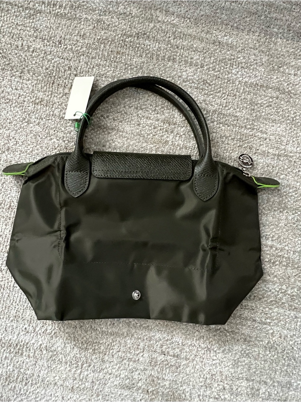 Longchamp Small Top-Handle Tote in Dark Olive with Lime Trim - Picture 2 of 4